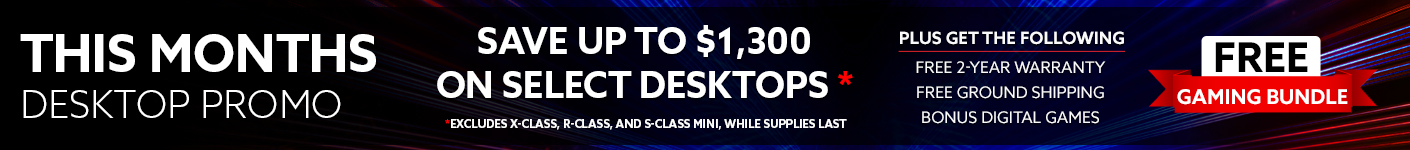 July desktop promotion banner advertising up to $1,300 off select desktops, plus free 2-year warranty, free ground shipping, bonus digital games, and a free gaming bundle