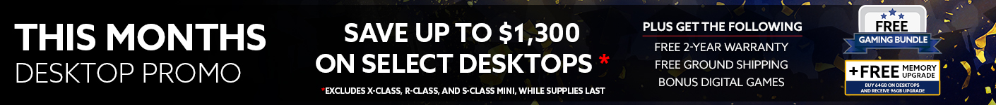 June desktop promotion banner advertising up to $1,300 off select desktops, plus free 2-year warranty, free ground shipping, bonus digital games, a free gaming bundle, and a memory upgrade on qualifying systems