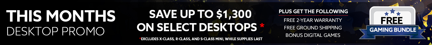 June desktop promotion banner advertising up to $1,300 off select desktops, plus free 2-year warranty, free ground shipping, bonus digital games, a free gaming bundle, and a memory upgrade on qualifying systems