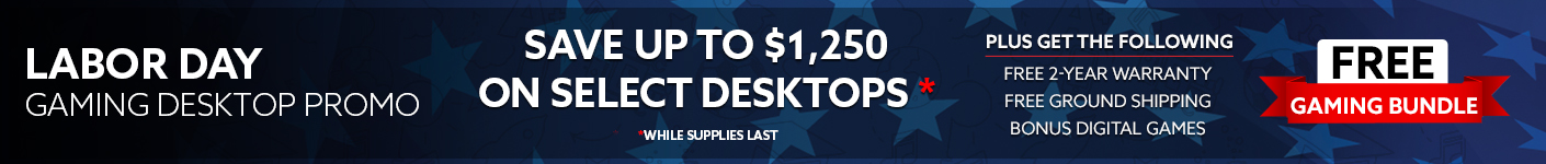 Labor Day desktop promotion banner advertising up to $1,250 off select desktops, plus free 2-year warranty, free ground shipping, bonus digital games, and a free gaming bundle