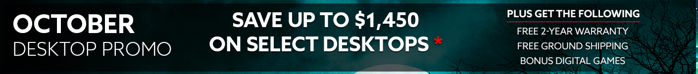 October desktop promotion banner advertising up to $1,450 off select desktops, plus free 2-year warranty, free ground shipping, and bonus digital games