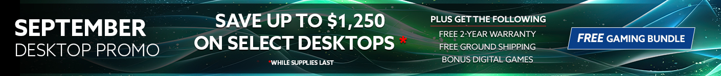 September desktop promotion banner advertising up to $1,250 off select desktops, plus free 2-year warranty, free ground shipping, bonus digital games, and a free gaming bundle