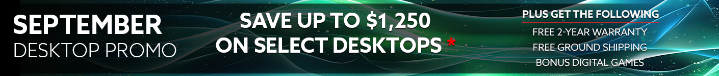 September desktop promotion banner advertising up to $1,250 off select desktops, plus free 2-year warranty, free ground shipping, bonus digital games, and a free gaming bundle