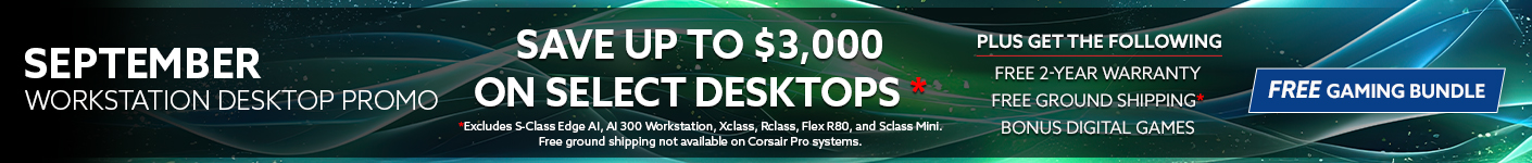September Workstation desktop promotion banner advertising up to $3,000 off select desktops, plus free 2-year warranty, free ground shipping, bonus digital games, and a free gaming bundle