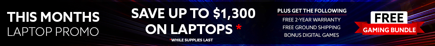July laptop promotion banner advertising up to $1,300 off select laptops, plus free 2-year warranty, free ground shipping, bonus digital games, a free gaming bundle, and a memory upgrade on qualifying systems