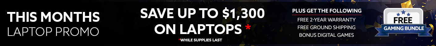 June laptop promotion banner advertising up to $1,300 off select laptops, plus free 2-year warranty, free ground shipping, bonus digital games, a free gaming bundle, and a memory upgrade on qualifying systems