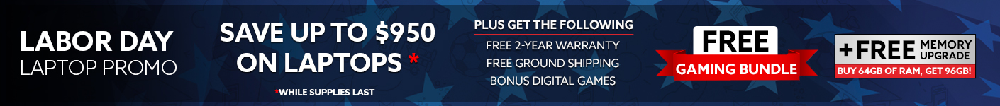 Labor Day laptop promotion banner advertising up to $1,250 off select laptops, plus free 2-year warranty, free ground shipping, bonus digital games, a free gaming bundle, and a memory upgrade on qualifying systems
