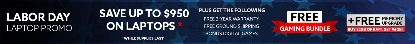 Labor Day laptop promotion banner advertising up to $1,250 off select laptops, plus free 2-year warranty, free ground shipping, bonus digital games, a free gaming bundle, and a memory upgrade on qualifying systems