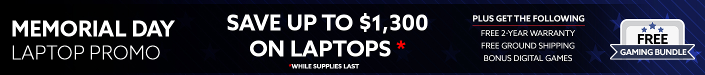 Memorial Day laptop promotion banner advertising up to $1,300 off select laptops, plus free 2-year warranty, free ground shipping, bonus digital games, a free gaming bundle, and a memory upgrade on qualifying systems