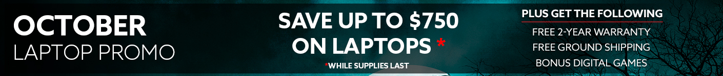 October laptop promotion banner advertising up to $750 off select laptops, plus free 2-year warranty, free ground shipping, and bonus digital games