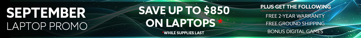 Septembet laptop promotion banner advertising up to $1,250 off select laptops, plus free 2-year warranty, free ground shipping, bonus digital games, and a free gaming bundle