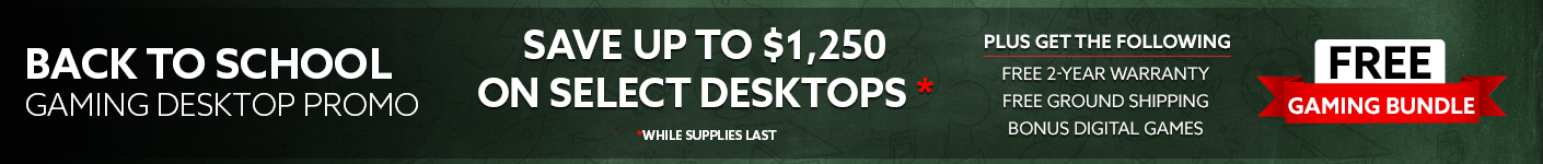 July desktop promotion banner advertising up to $1,300 off select desktops, plus free 2-year warranty, free ground shipping, bonus digital games, and a free gaming bundle