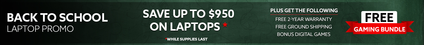 July laptop promotion banner advertising up to $1,300 off select laptops, plus free 2-year warranty, free ground shipping, bonus digital games, a free gaming bundle, and a memory upgrade on qualifying systems