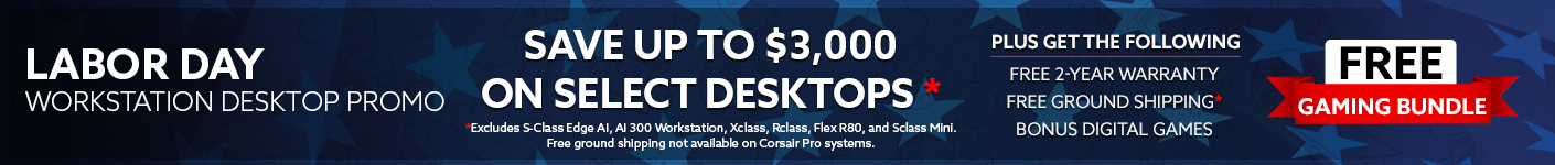 Labor Day desktop promotion banner advertising up to $1,250 off select desktops, plus free 2-year warranty, free ground shipping, bonus digital games, and a free gaming bundle