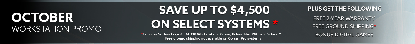 October Workstation desktop promotion banner advertising up to $4,500 off select desktops, plus free 2-year warranty, free ground shipping, and bonus digital games