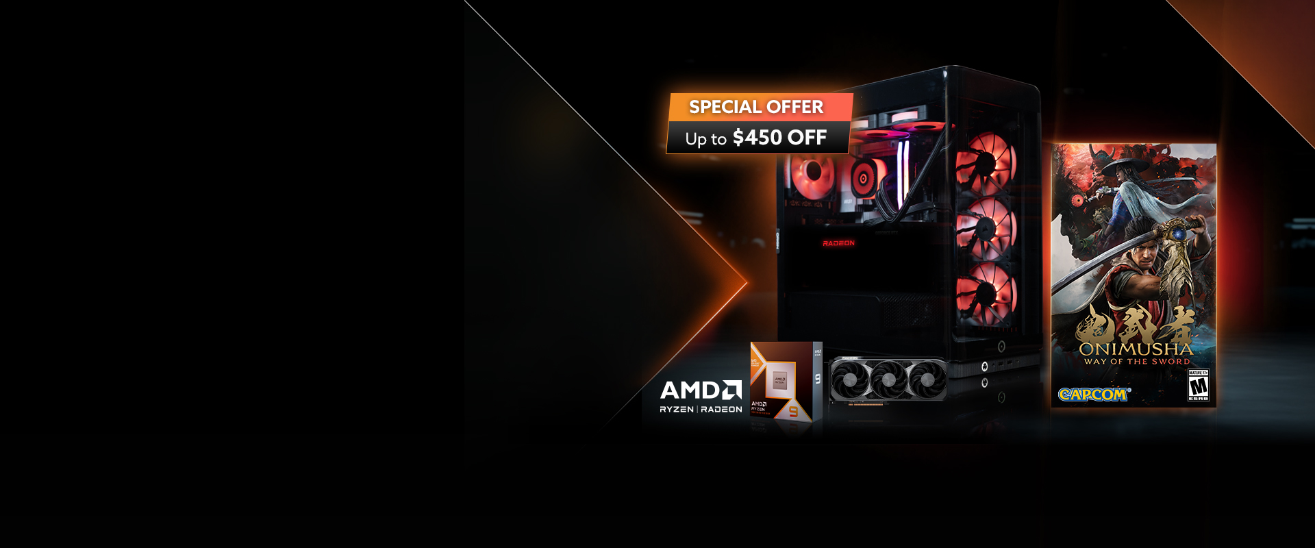Promotional image of a gaming desktop PC with red internal lighting beside AMD Ryzen 9000 Series processor branding and text advertising a special offer of up to $450 off