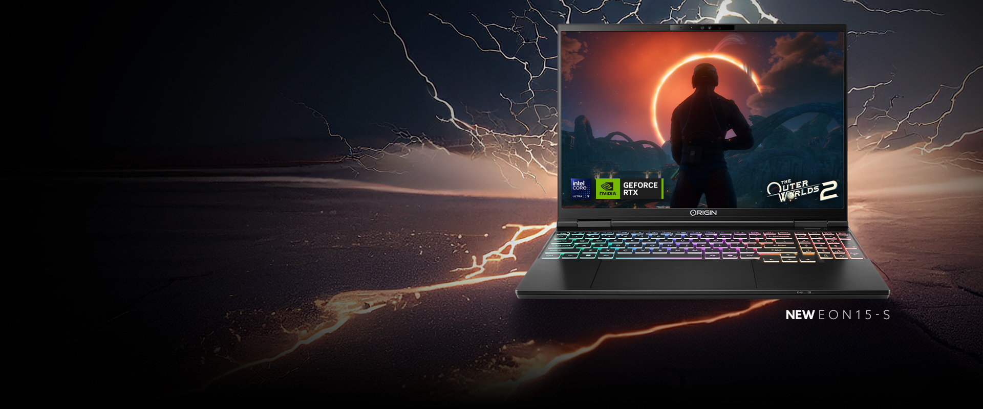 Promotional banner featuring the ORIGIN EON15-S gaming laptop with RGB keyboard lighting against a lightning-filled background. Text highlights thin, lightweight design and high-performance gaming and productivity, with Intel Core Ultra and NVIDIA GeForce RTX branding.