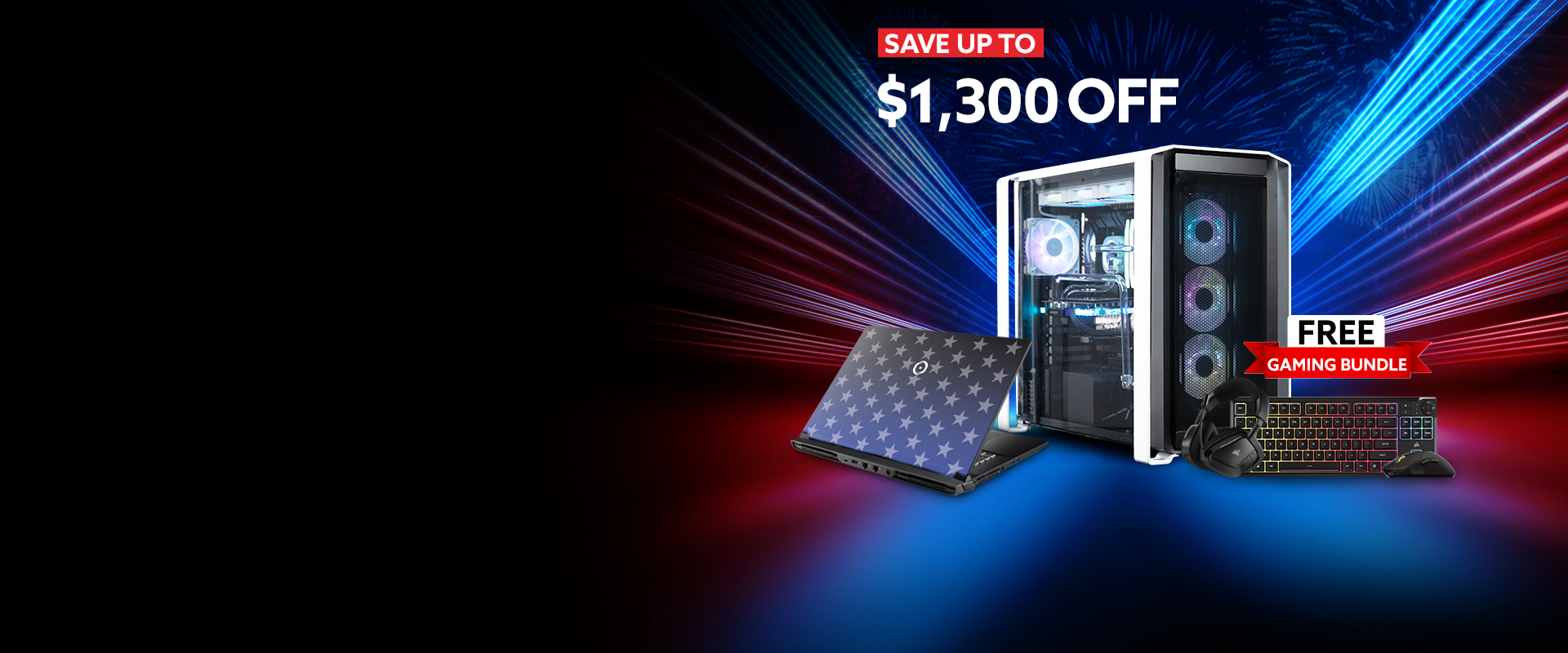 Promotional Image for the 4th of July. Save up to $1300 Off and get 
