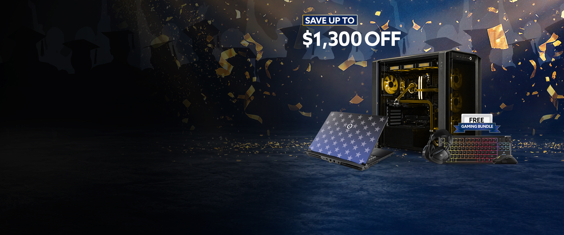 Promotional graphic of a gaming desktop with pink lighting and a floral-designed laptop in a grassy field. Text highlights savings up to $1,300 off, free memory upgrades on desktops and laptops, and a free HD UV laptop print.