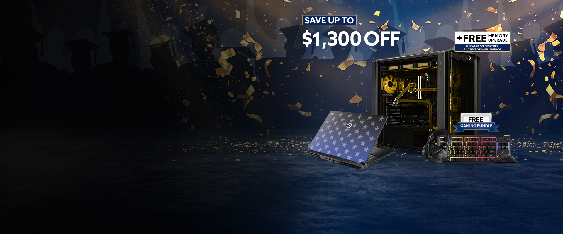 Promotional graphic of a gaming desktop with pink lighting and a floral-designed laptop in a grassy field. Text highlights savings up to $1,300 off, free memory upgrades on desktops and laptops, and a free HD UV laptop print.