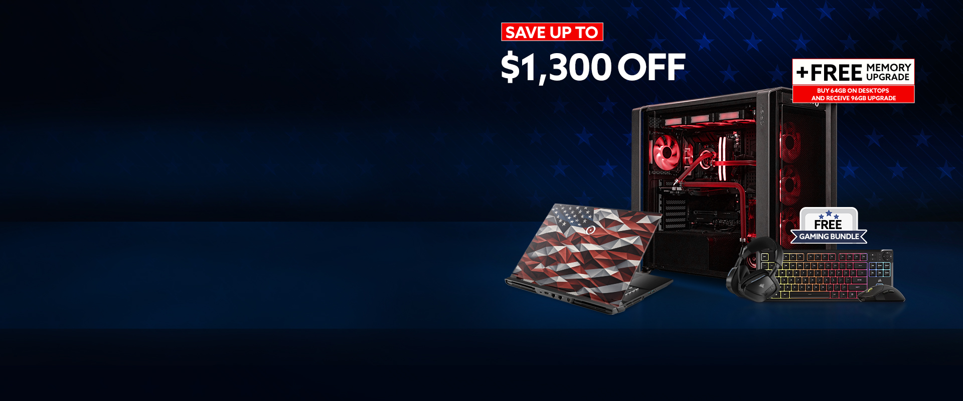 Promotional graphic of a gaming desktop with pink lighting and a floral-designed laptop in a grassy field. Text highlights savings up to $1,300 off, free memory upgrades on desktops and laptops, and a free HD UV laptop print.