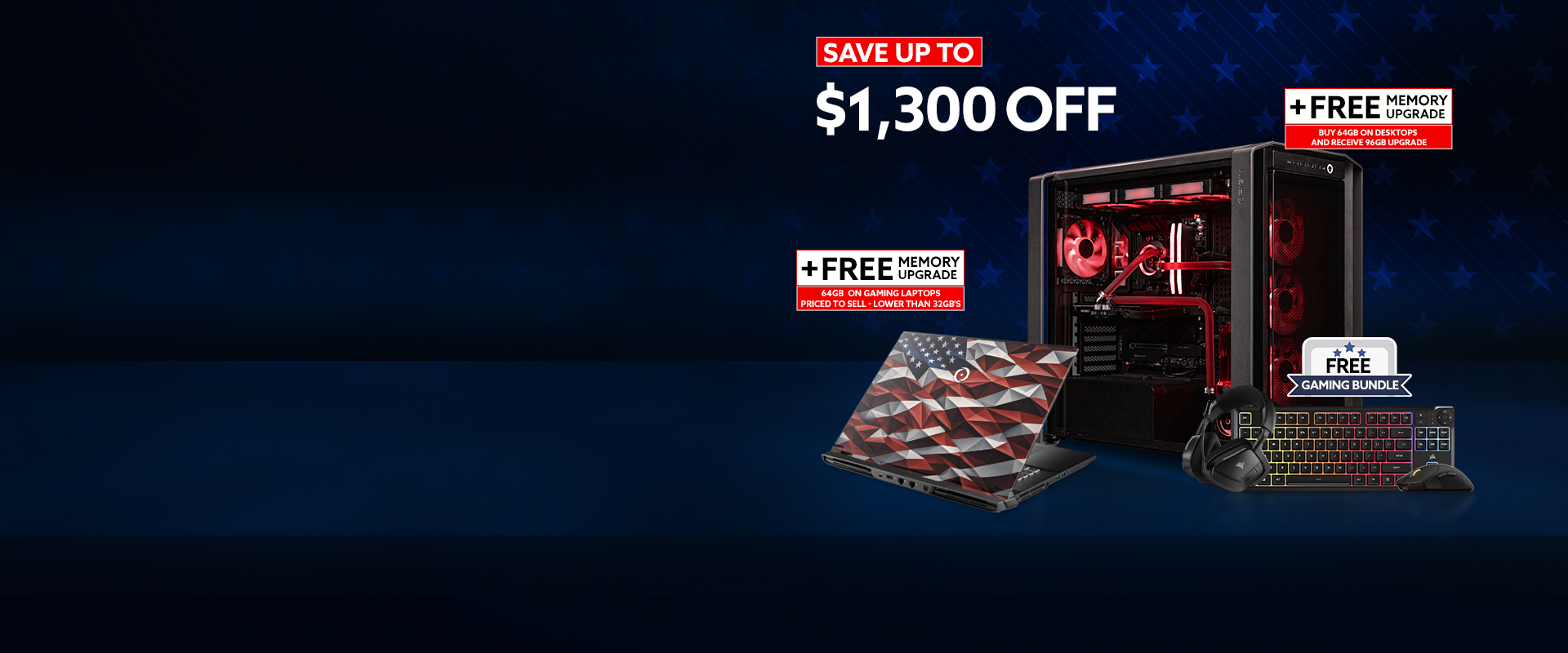 Promotional graphic of a gaming desktop with pink lighting and a floral-designed laptop in a grassy field. Text highlights savings up to $1,300 off, free memory upgrades on desktops and laptops, and a free HD UV laptop print.