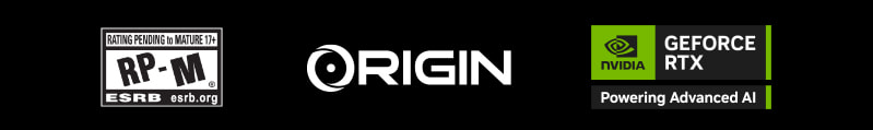 Game rating, Origin PC, and Nvidia Geforce RTX Powering Advanced AI logos